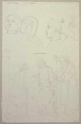 Jesus Christus mit dem Heiligen Thomas und einem heiligen Bischof, oben fünf männliche Köpfe, nach e