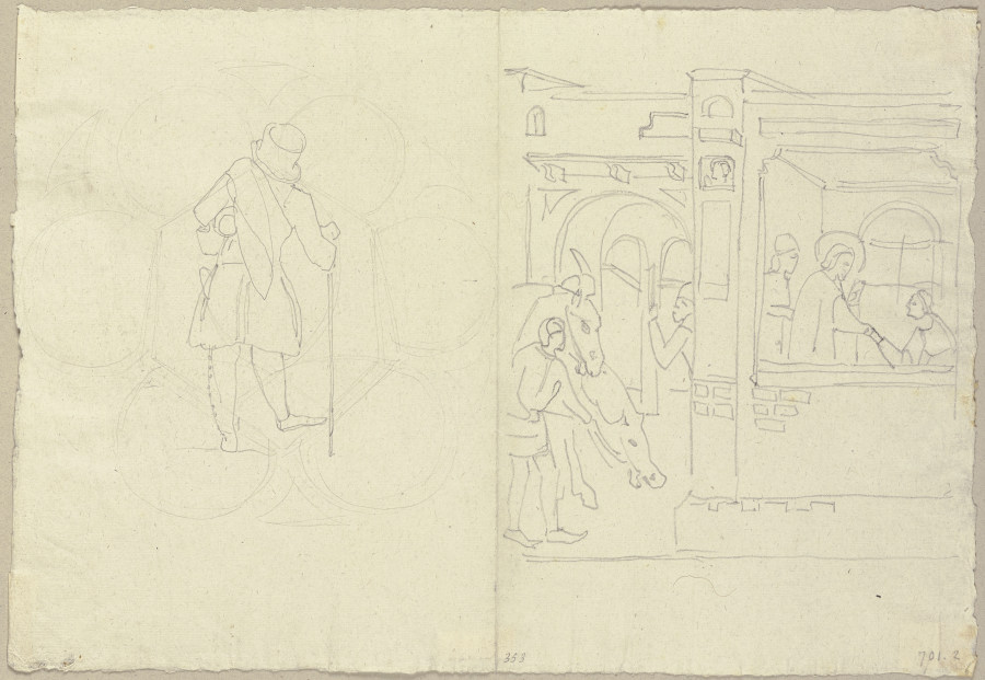Links: Mann mit Gehstock von hinten; rechts: Skizze der Szene S. Katharina im Gefägnis bei der zehnt von Johann Anton Ramboux