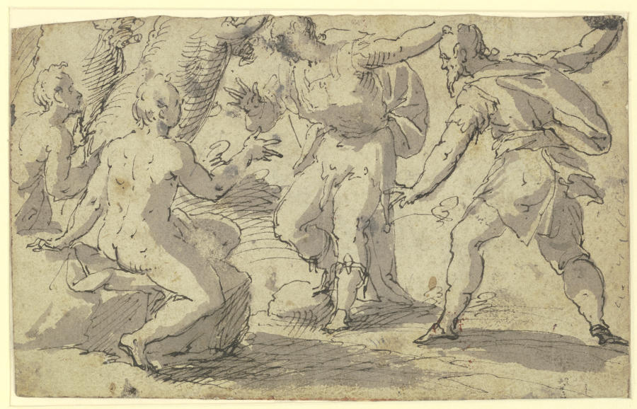 Zwei Nackte und zwei Bekleidete in lebhafter Unterhaltung (VErspottung Hiobs?) von Johann Rottenhammer