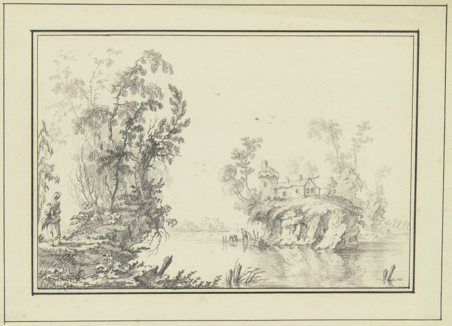 Ein Fluß, darin eine Felseninsel mit Turm, Haus und Bäumen von Johann Wilhelm Becker