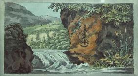 Berglandschaft mit Stromschnelle und Initialen der Empfaengerin des Stammbuches 1820