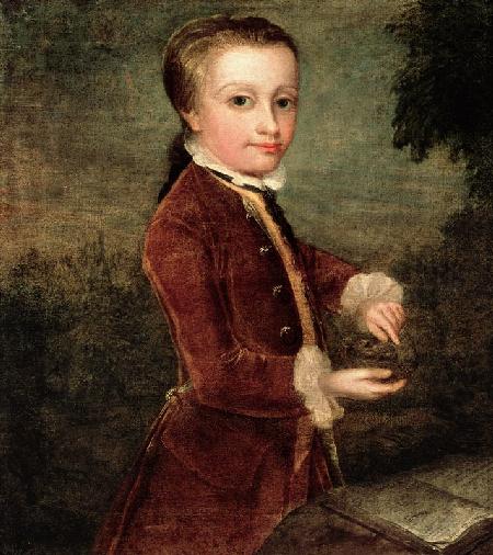 Portrait of Wolfgang Amadeus Mozart (1756-91) aged eight, holding a bird's nest 1764-65