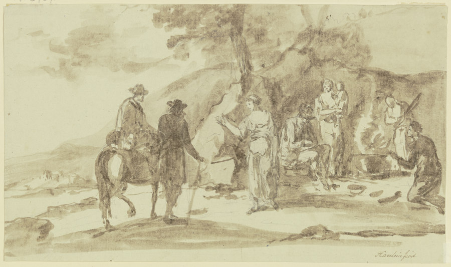 Rechts an einem Berghang eine Gruppe von vier Personen mit einem Kind bei einer Feuerstelle, links b von Johann Andreas Herrlein