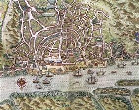 Map of the City and Portuguese Port of Goa, India, detail of port and merchant shipping, 1595 (engra 1570