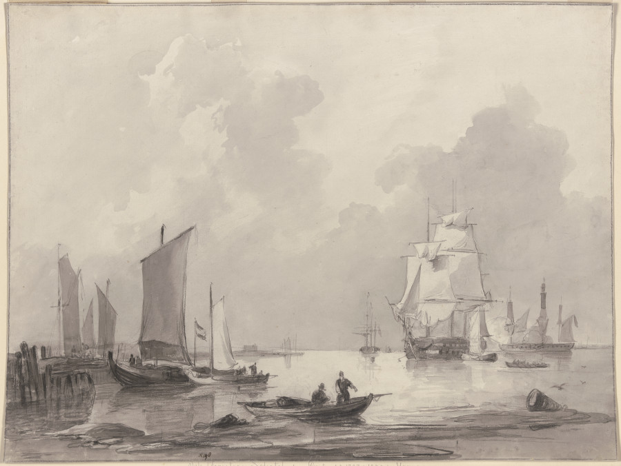 Barken am Strande, rechts größere Schiffe mit Kanonen, vorne rechts eine Barke von Johannes Christiaan Schotel