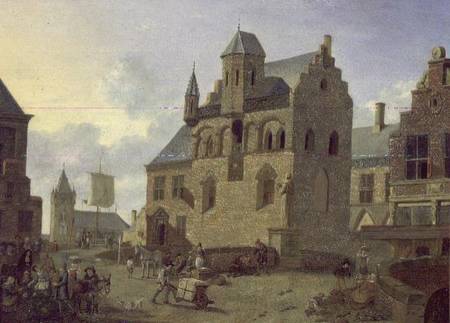 Town square with figures and peasants trading in a market place (panel) von Johannes Huibert Prins
