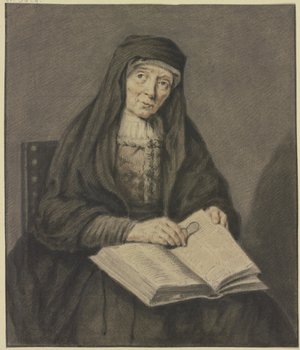 Sitzende alte Frau in einem Buch lesend, sie hält die Brille in der Hand, Kniestück von Johannes Pieter de Frey