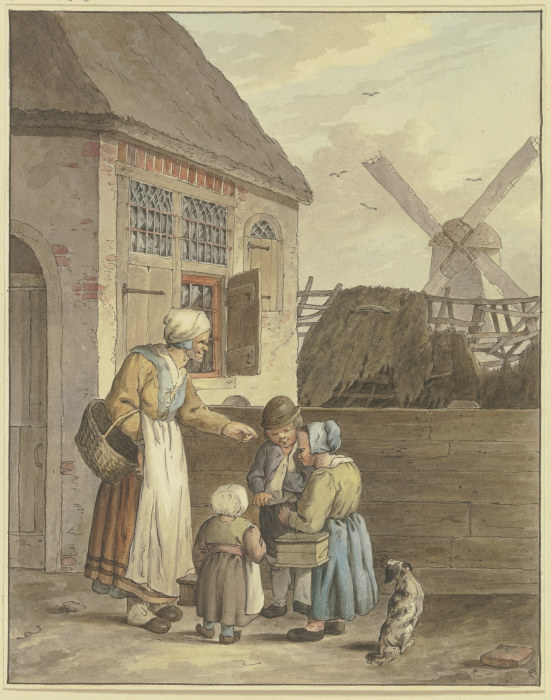 Vor einem Haus drei Kinder bei einer alten Frau von Johann Friedrich Morgenstern