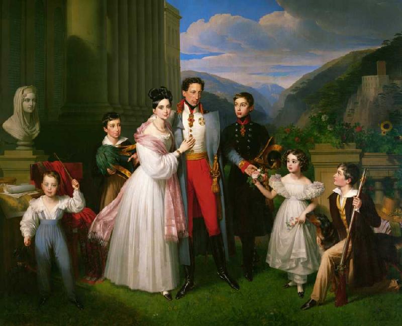 Erzherzog Karl mit Frau Henriette von Nassau-Weilburg und Kindern vor Schloss Weilburg in Baden nahe von Johann Nepomuk Ender