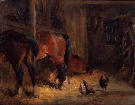 A Stable Interior with Horses and Chickens von John Atkinson