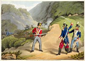 A British Soldier Taking Two French Officers at the Battle of the Pyrenees, engraved by Matthew Dubo 13th-