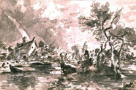 Flatford Old Mill Cottage on the Stour, pen and wash von John Constable