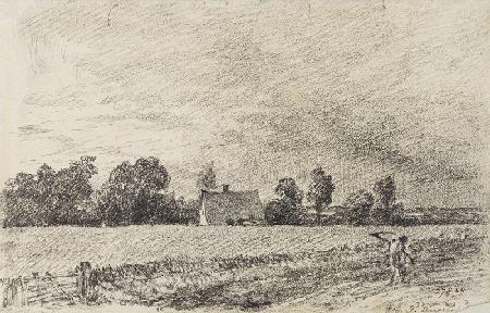 Cottages and road, East Bergholt, pencil
