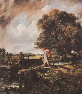Ein Boot passiert eine Schleuse 1824