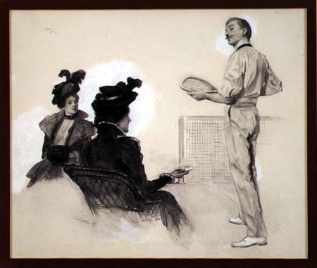 'It was Out!', Two Women Watching a Man Play Tennis, 1898 (gouache, pen and von John da Costa