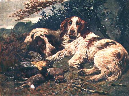 A Pair of Liver and White Clumber Spaniels by the Day's Bag von John Emms