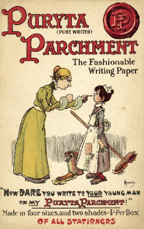 Dame, die Dienerin für die Verwendung von Puryta Parchment, dem modischen Schreibpapier von John Hassall