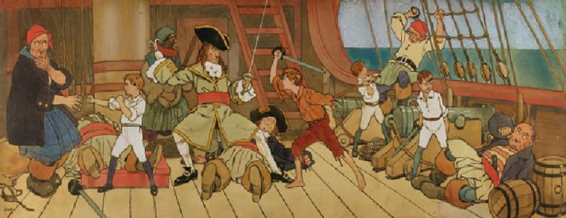 Die verlorenen Jungs im Kampf mit den Piraten und Peter im letzten Duell mit Captain Hook Illustrati von John Hassall