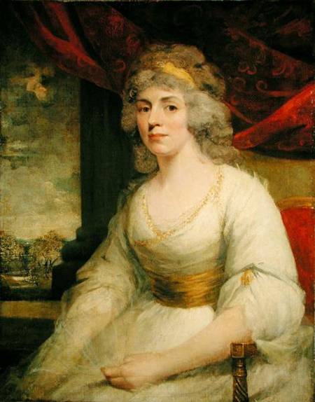 Portrait of Mrs. Billington seated, three quarter length in a white dress von John Hoppner