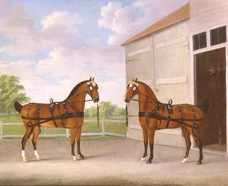 A Pair of Bay Carriage Horses in a Stable Yard von John Nost Sartorius