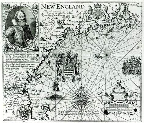 Map of the New England coastline in 1614, engraved by Simon de Passe (1595-1647) 1616 (engraving) (b von John Smith
