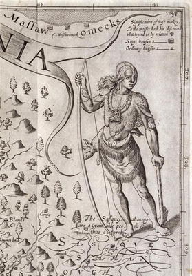 Susquehannock warrior, detail from Map of Virginia, engraved by William Hole (fl. 1607-24), publishe von John Smith