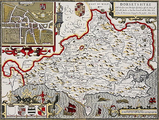 Dorsetshire; engraved by Jodocus Hondius (1563-1612) from John Speed''s Theatre of the Empire of Gre von John Speed