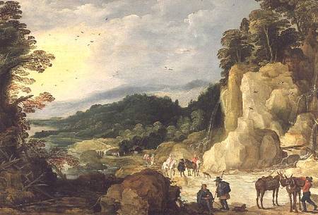 A Mountain Landscape with a Waterfall and Travellers at a Ford von Joos de Momper