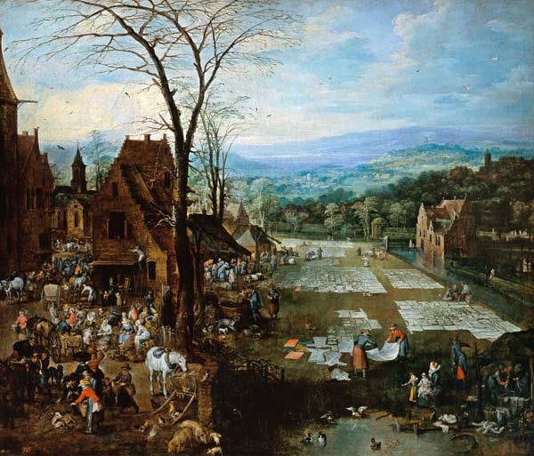 Markttreiben und Wäsche waschende Frauen am Rande einer flandrischen Stadt. von Joos de Momper d.J.