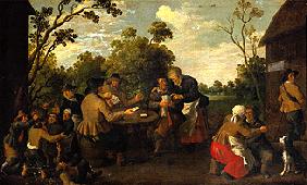Kartenspielende Bauern und raufende Kinder vor einem Bauernhaus. 1624