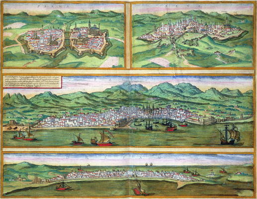 Map of Parma, Siena, Palermo, and Drepanum, from 'Civitates Orbis Terrarum' by Georg Braun (1541-162 von Joris Hoefnagel