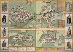 Maps of Galway, Dublin, Limerick, and Cork, from 'Civitates Orbis Terrarum' by Georg Braun (1541-162