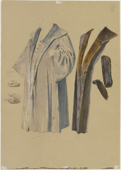 Studienblatt: Männliche Kostümfigur sowie Handstudien von Josef Ferdinand Becker