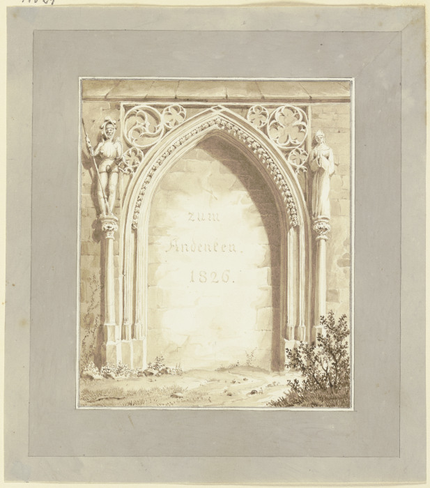 Zugemauertes gotisches Portal mit der Inschrift: zum Andenken 1826 von Josef von Stockhorn