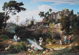 Landschaft bei Olevano mit Ziegelei und musizierenden Landleuten 1823/1824