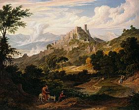 Landschaft bei Olevano mit reitendem Mönch. um 1830