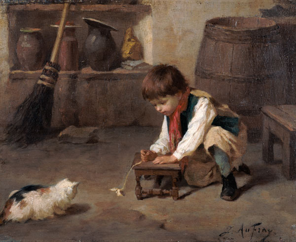 Playing with the Kitten (panel) von Joseph-Athanase Aufray