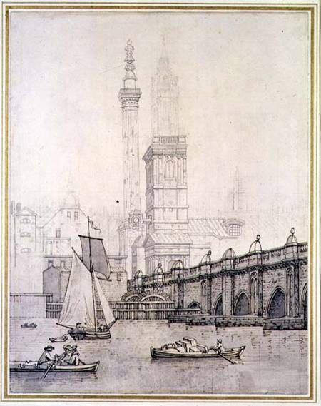 Old London Bridge and the Monument (pen & ink on paper) von Joseph Farington