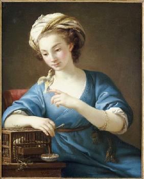 Junge Frau in türkischem Kostüm mit einem Ziervogel 1766