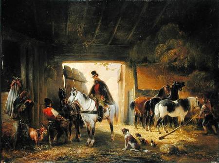 A Rider watering his Horse in a Stable von Joseph Moerenhout