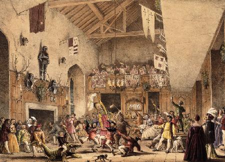 Twelfth Night Revels in the Great Hall, Haddon Hall, Derbyshire, from 'Architecture of the Middle Ag 1838