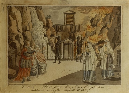 Scene from ''The Magic Flute'' Mozart, 1795 (hand coloured copper engraving) von Joseph Schaffer