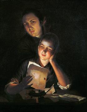 A Girl reading a letter by Candlelight, with a Young Man peering over her shoulder c.1760-2