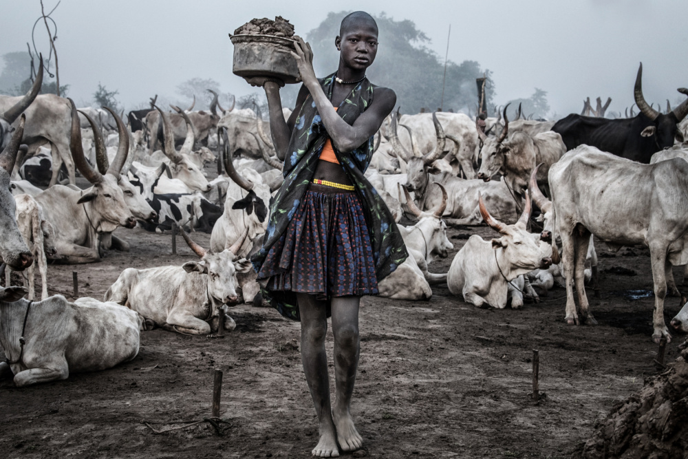 Frau trägt Mist in einem Rinderlager in Mundari – Südsudan von Joxe Inazio Kuesta Garmendia