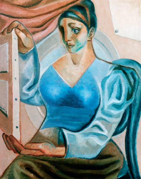 Frau beim Betrachten eines Gemäldes. von Juan Gris