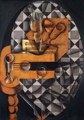 Guitar, Bottle, and Glass, 1914 (pasted papers, gouache & crayon on canvas)