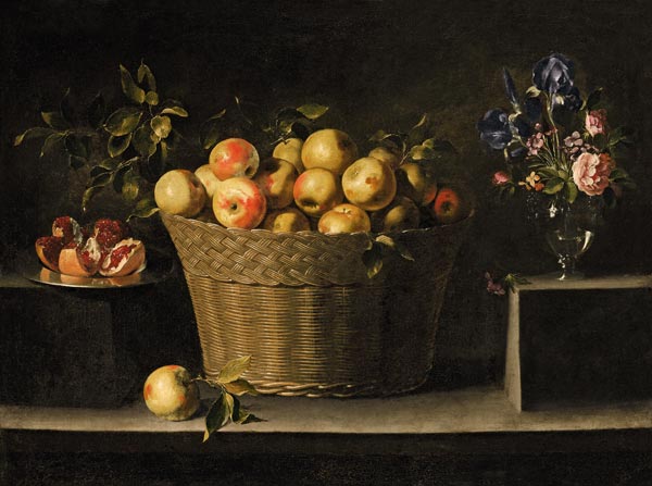 Äpfel in einem Weidenkorb, ein Granatapfel auf einem Silberteller und ein Blumenstrauß in einer Glas von Juan de Zurbaran
