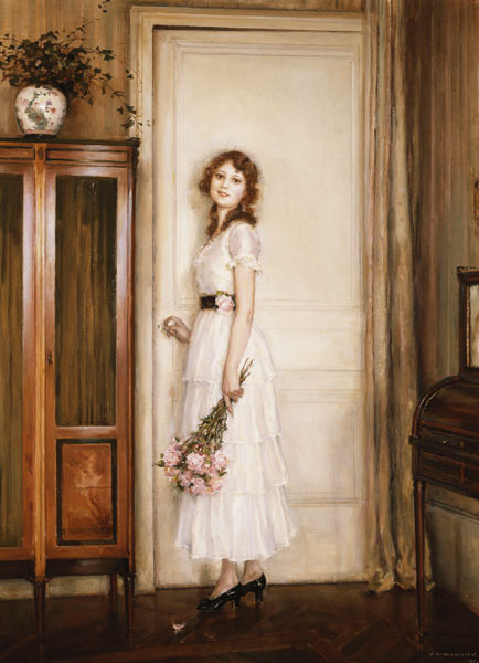 Junge Frau mit einem Rosenstrauß an einer Tür von Jules Alexis Muenier