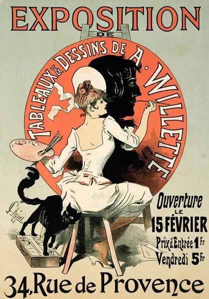 Reproduction of a poster advertising an 'Exhibition of the Paintings and Drawings of A. Willette (18 1888