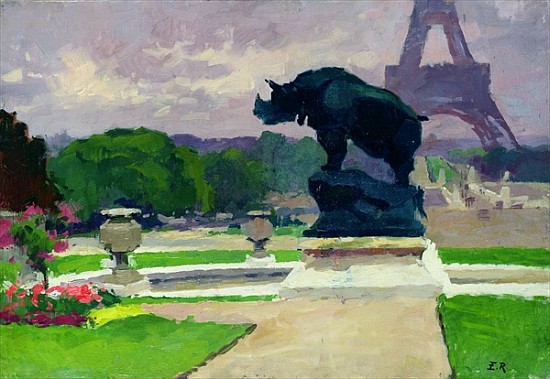 The Trocadero Gardens and the Rhinoceros by Jacquemart von Jules Ernest Renoux